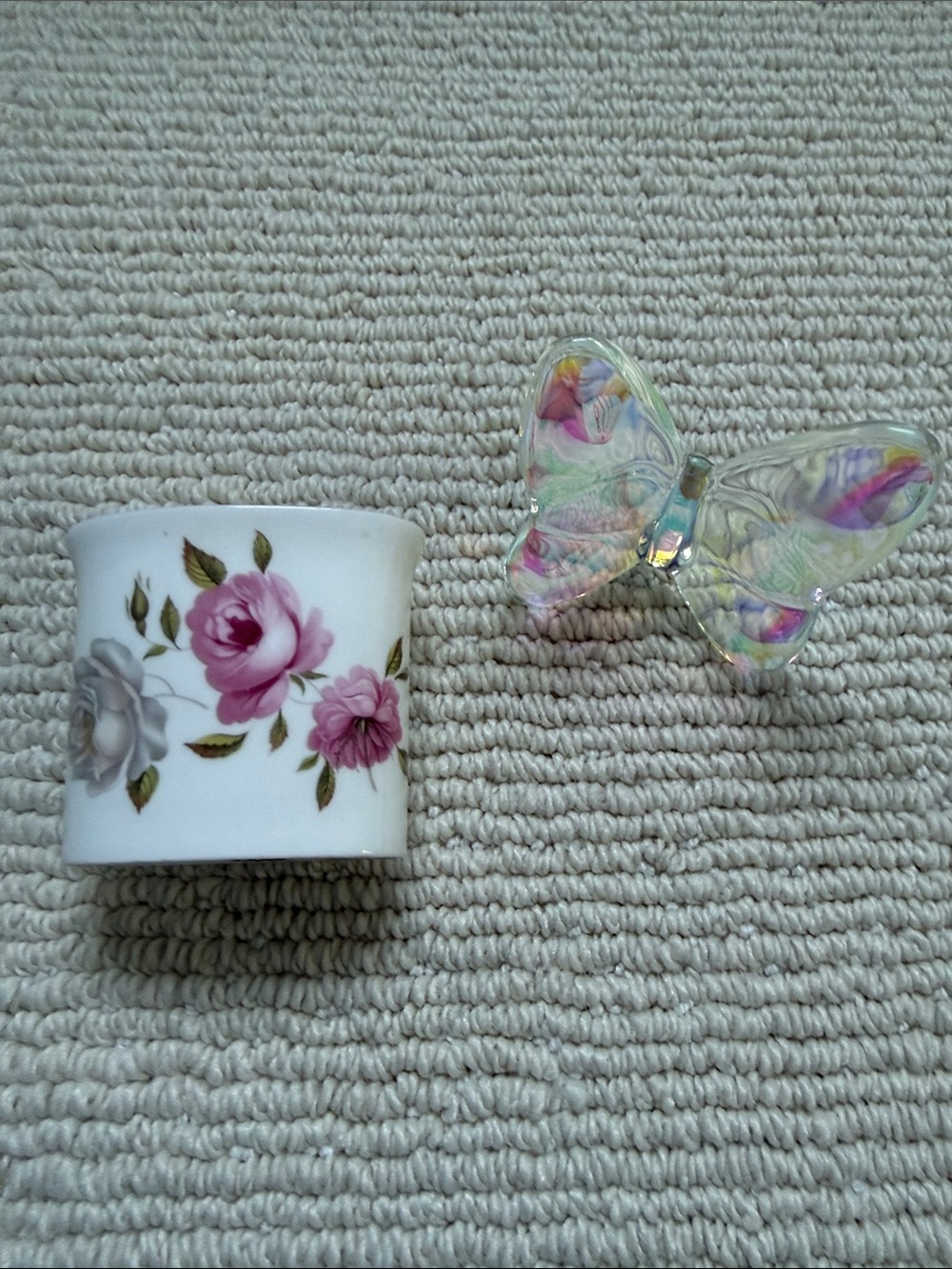 Floral ceramic. Match/vase Holder with Pink iridescent butterfly paperweight